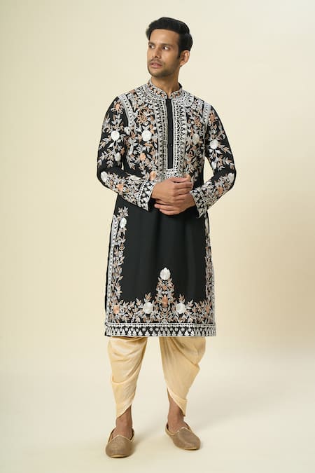 Shop Arihant Rai Sinha Black Polyester Embroidery Floral Thread Kurta Set Online at Aza Fashions Shop_Arihant Rai Sinha_Black Polyester Embroidery Floral Thread Kurta Set _Online_at_Aza_Fashions