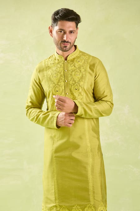 Arihant Rai Sinha_Green Polyester, Silk Embroidery Mughal Thread Kurta And Patiala Pant _Online_at_Aza_Fashions