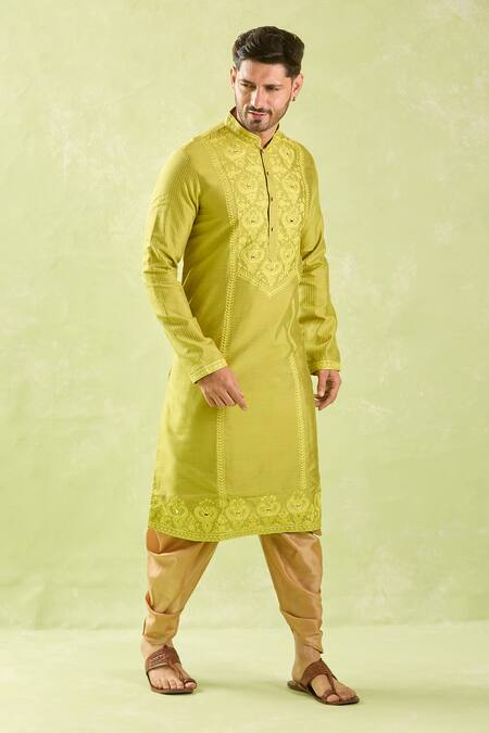 Shop_Arihant Rai Sinha_Green Polyester, Silk Embroidery Mughal Thread Kurta And Patiala Pant _Online_at_Aza_Fashions
