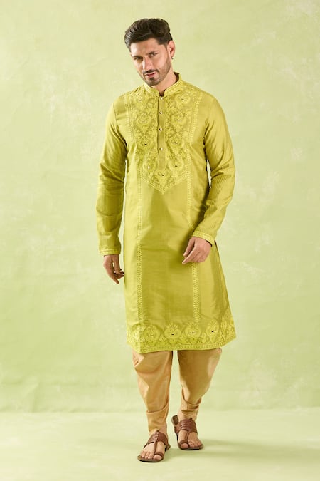 Arihant Rai Sinha_Green Polyester, Silk Embroidery Mughal Thread Kurta And Patiala Pant _at_Aza_Fashions