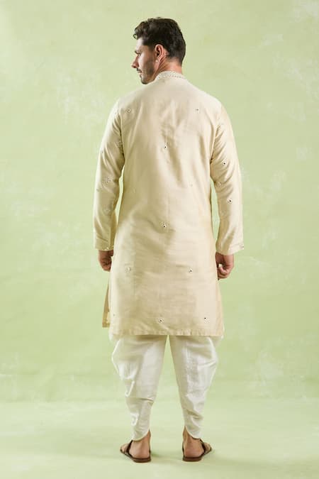 Shop_Samyukta Singhania_Beige Polyester, Silk Mirrors, Embroidery Work Kurta And Patiala Pant Set _at_Aza_Fashions