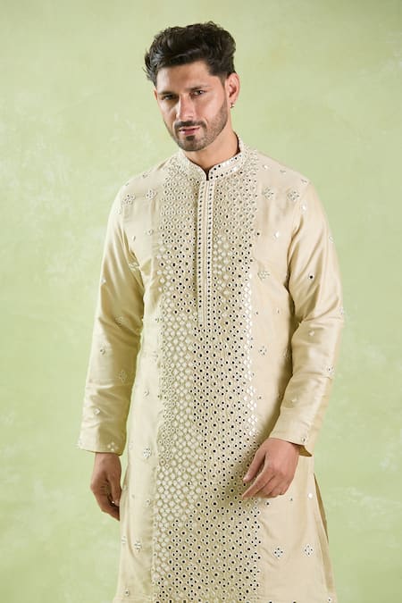 Samyukta Singhania_Beige Polyester, Silk Mirrors, Embroidery Work Kurta And Patiala Pant Set _Online_at_Aza_Fashions