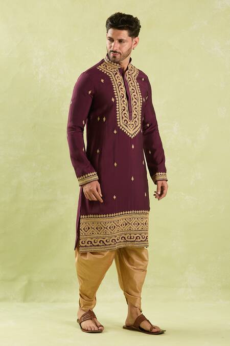 Arihant Rai Sinha_Wine Polyester, Silk Diamonds, Embroidery Floral Dori Kurta Set _Online_at_Aza_Fashions