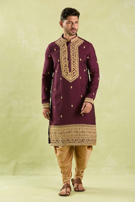 Buy_Arihant Rai Sinha_Wine Polyester, Silk Diamonds, Embroidery Floral Dori Kurta Set _Online_at_Aza_Fashions