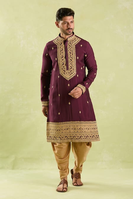 Shop_Arihant Rai Sinha_Wine Polyester, Silk Diamonds, Embroidery Floral Dori Kurta Set _Online_at_Aza_Fashions