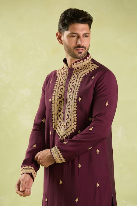 Arihant Rai Sinha_Wine Polyester, Silk Diamonds, Embroidery Floral Dori Kurta Set _at_Aza_Fashions