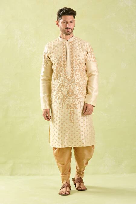 Arihant Rai Sinha_Beige , Satin Embroidery Floral Dori Kurta Set _Online_at_Aza_Fashions