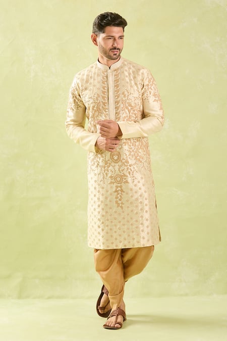 Buy_Arihant Rai Sinha_Beige , Satin Embroidery Floral Dori Kurta Set _Online_at_Aza_Fashions