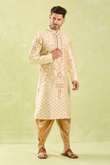 Shop_Arihant Rai Sinha_Beige , Satin Embroidery Floral Dori Kurta Set _Online_at_Aza_Fashions