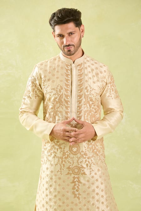 Arihant Rai Sinha_Beige , Satin Embroidery Floral Dori Kurta Set _at_Aza_Fashions