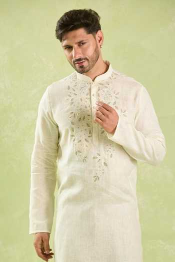 Arihant Rai Sinha_Cream Linen, Cotton Embroidery Leaf Kurta Set _Online_at_Aza_Fashions