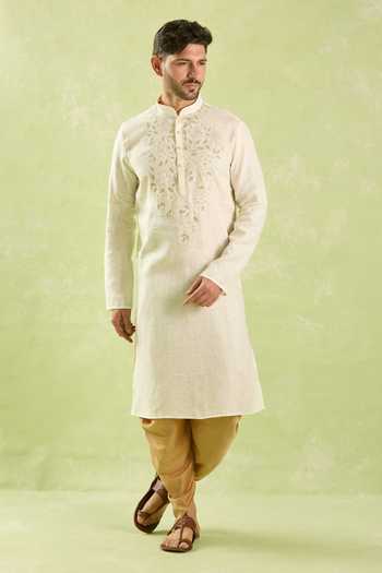 Buy_Arihant Rai Sinha_Cream Linen, Cotton Embroidery Leaf Kurta Set _Online_at_Aza_Fashions