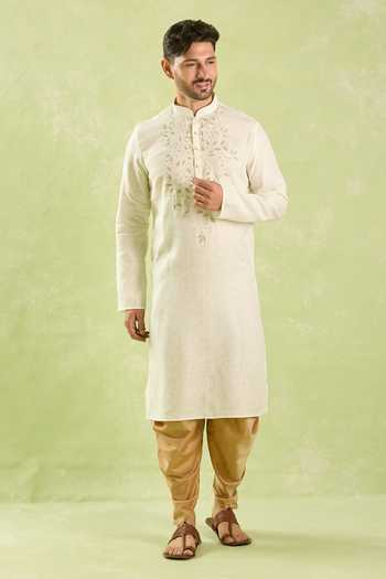 Shop_Arihant Rai Sinha_Cream Linen, Cotton Embroidery Leaf Kurta Set _Online_at_Aza_Fashions