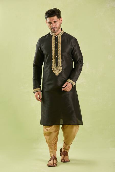 Shop_Arihant Rai Sinha_Black Silk Embroidery Resham Kurta And Patiala Pant Set _Online_at_Aza_Fashions