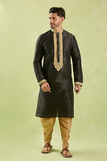 Arihant Rai Sinha_Black Silk Embroidery Resham Kurta And Patiala Pant Set _at_Aza_Fashions