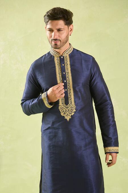 Arihant Rai Sinha Blue Silk Embroidery Floral Placket Kurta And Patiala Pant Online at Aza Fashions Arihant Rai Sinha_Blue Silk Embroidery Floral Placket Kurta And Patiala Pant _Online_at_Aza_Fashions