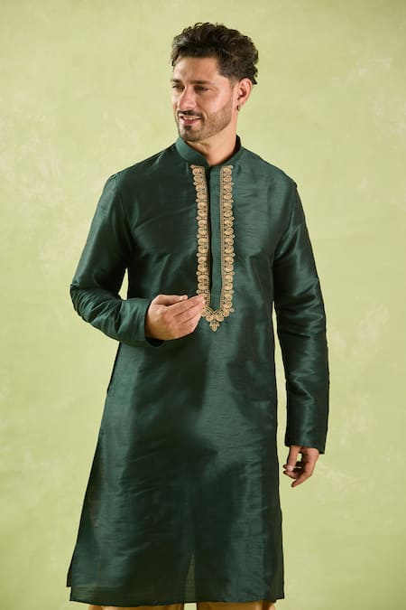Shop Arihant Rai Sinha Green Silk Embroidery Floral Kurta Set Online at Aza Fashions Shop_Arihant Rai Sinha_Green Silk Embroidery Floral Kurta Set _Online_at_Aza_Fashions