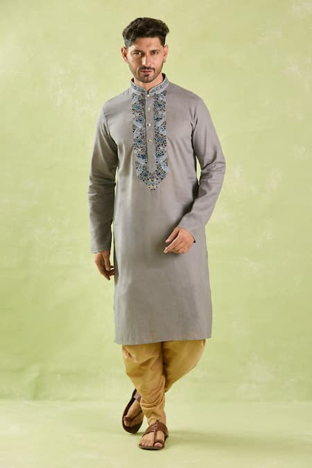 Buy Arihant Rai Sinha Gray Linen, Cotton Embroidery Resham Placket Kurta Set Online at Aza Fashions Buy_Arihant Rai Sinha_Gray Linen, Cotton Embroidery Resham Placket Kurta Set _Online_at_Aza_Fashions