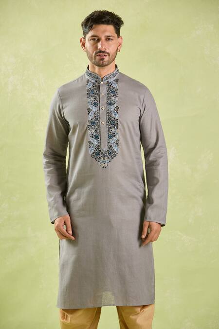 Shop Arihant Rai Sinha Gray Linen, Cotton Embroidery Resham Placket Kurta Set Online at Aza Fashions Shop_Arihant Rai Sinha_Gray Linen, Cotton Embroidery Resham Placket Kurta Set _Online_at_Aza_Fashions