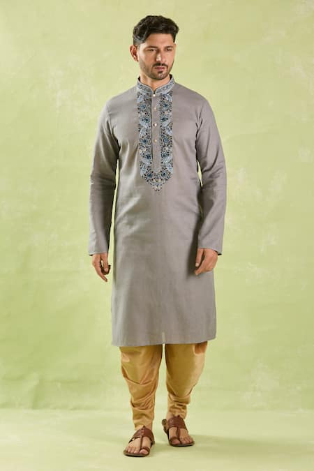 Buy Arihant Rai Sinha Gray Linen, Cotton Embroidery Resham Placket Kurta Set Buy_Arihant Rai Sinha_Gray Linen, Cotton Embroidery Resham Placket Kurta Set