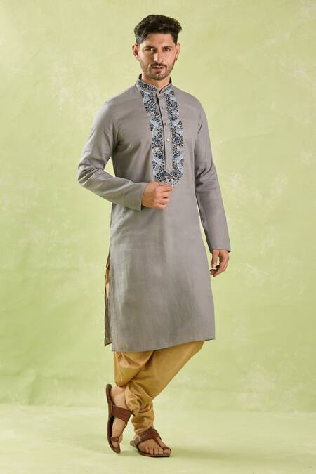 Shop Arihant Rai Sinha Gray Linen, Cotton Embroidery Resham Placket Kurta Set Shop_Arihant Rai Sinha_Gray Linen, Cotton Embroidery Resham Placket Kurta Set