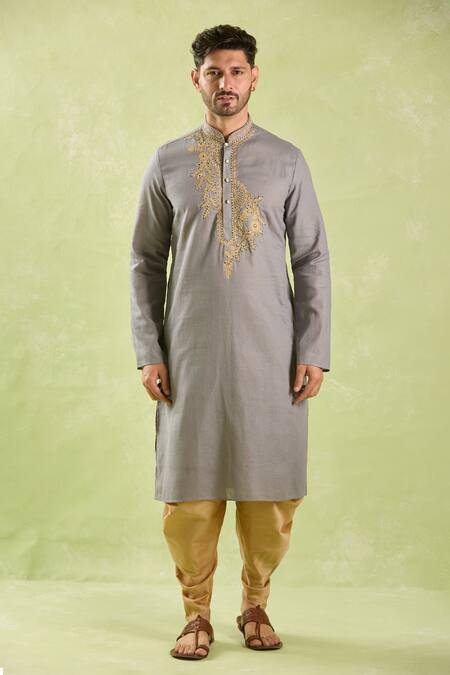 Shop Arihant Rai Sinha Gray Linen, Cotton Embroidery Leaf Vine Kurta And Patiala Pant Online at Aza Fashions Shop_Arihant Rai Sinha_Gray Linen, Cotton Embroidery Leaf Vine Kurta And Patiala Pant _Online_at_Aza_Fashions