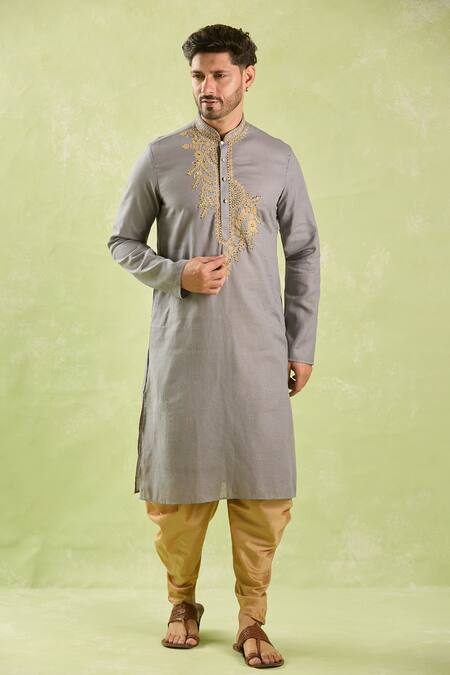 Arihant Rai Sinha Gray Linen, Cotton Embroidery Leaf Vine Kurta And Patiala Pant at Aza Fashions Arihant Rai Sinha_Gray Linen, Cotton Embroidery Leaf Vine Kurta And Patiala Pant _at_Aza_Fashions