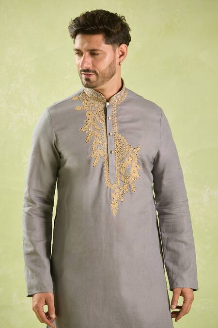 Buy Arihant Rai Sinha Gray Linen, Cotton Embroidery Leaf Vine Kurta And Patiala Pant Buy_Arihant Rai Sinha_Gray Linen, Cotton Embroidery Leaf Vine Kurta And Patiala Pant