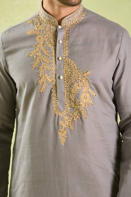 Shop Arihant Rai Sinha Gray Linen, Cotton Embroidery Leaf Vine Kurta And Patiala Pant Shop_Arihant Rai Sinha_Gray Linen, Cotton Embroidery Leaf Vine Kurta And Patiala Pant