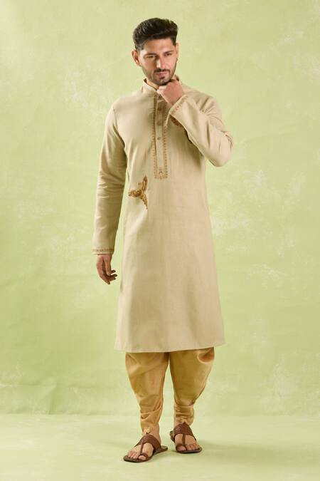 Shop Arihant Rai Sinha Brown Linen, Cotton Embroidery Resham Kurta And Patiala Pant Set Shop_Arihant Rai Sinha_Brown Linen, Cotton Embroidery Resham Kurta And Patiala Pant Set