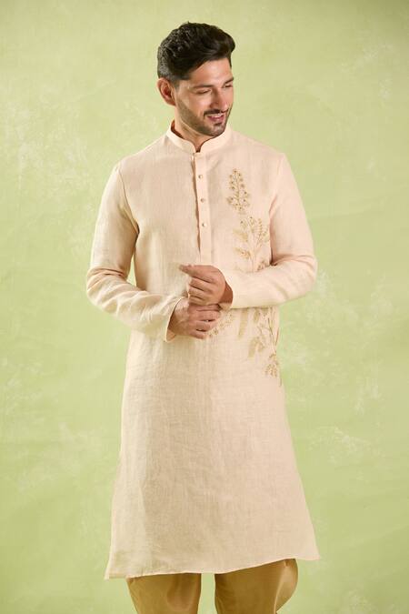 Shop Arihant Rai Sinha Beige Linen, Cotton Embroidery, Diamonds Floral Kurta Set With Patiala Pant Online at Aza Fashions Shop_Arihant Rai Sinha_Beige Linen, Cotton Embroidery, Diamonds Floral Kurta Set With Patiala Pant _Online_at_Aza_Fashions