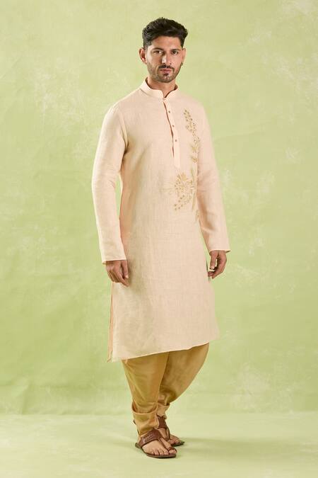 Shop Arihant Rai Sinha Beige Linen, Cotton Embroidery, Diamonds Floral Kurta Set With Patiala Pant Shop_Arihant Rai Sinha_Beige Linen, Cotton Embroidery, Diamonds Floral Kurta Set With Patiala Pant