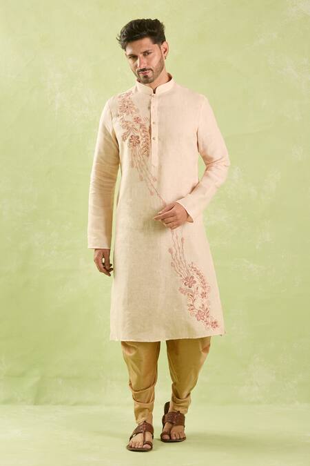 Shop Arihant Rai Sinha Beige Linen, Cotton Embroidery Floral Vine Kurta And Patiala Pant Online at Aza Fashions Shop_Arihant Rai Sinha_Beige Linen, Cotton Embroidery Floral Vine Kurta And Patiala Pant _Online_at_Aza_Fashions