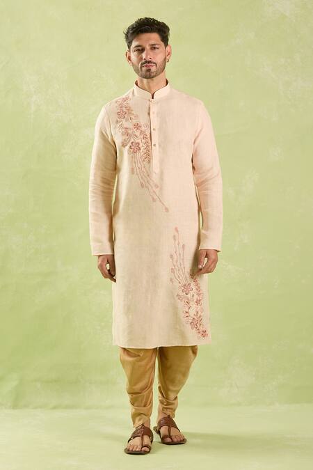 Arihant Rai Sinha Beige Linen, Cotton Embroidery Floral Vine Kurta And Patiala Pant at Aza Fashions Arihant Rai Sinha_Beige Linen, Cotton Embroidery Floral Vine Kurta And Patiala Pant _at_Aza_Fashions
