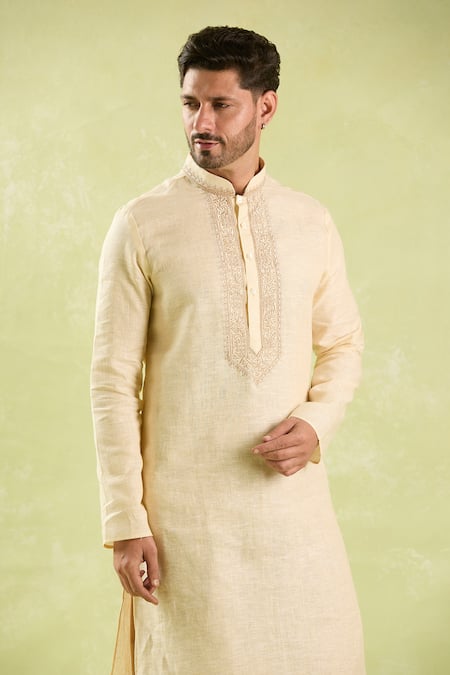 Arihant Rai Sinha Beige Linen, Cotton Embroidery Kurta And Patiala Pant Set Online at Aza Fashions Arihant Rai Sinha_Beige Linen, Cotton Embroidery Kurta And Patiala Pant Set _Online_at_Aza_Fashions
