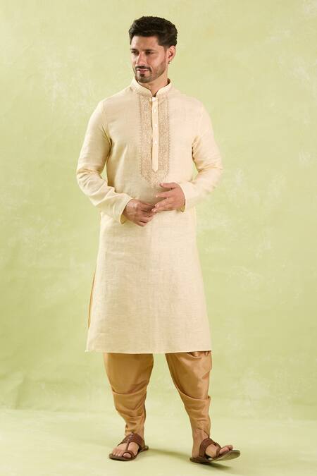 Shop Arihant Rai Sinha Beige Linen, Cotton Embroidery Kurta And Patiala Pant Set Online at Aza Fashions Shop_Arihant Rai Sinha_Beige Linen, Cotton Embroidery Kurta And Patiala Pant Set _Online_at_Aza_Fashions