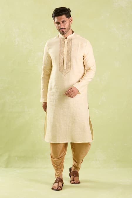 Arihant Rai Sinha Beige Linen, Cotton Embroidery Kurta And Patiala Pant Set at Aza Fashions Arihant Rai Sinha_Beige Linen, Cotton Embroidery Kurta And Patiala Pant Set _at_Aza_Fashions