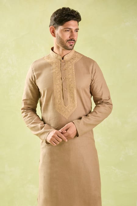 Arihant Rai Sinha Brown Linen, Cotton Embroidery Kurta Set With Patiala Pant at Aza Fashions Arihant Rai Sinha_Brown Linen, Cotton Embroidery Kurta Set With Patiala Pant _at_Aza_Fashions