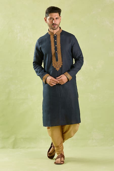 Shop Arihant Rai Sinha Blue Linen, Cotton Embroidery Navy Kurta And Patiala Pant Online at Aza Fashions Shop_Arihant Rai Sinha_Blue Linen, Cotton Embroidery Navy Kurta And Patiala Pant _Online_at_Aza_Fashions
