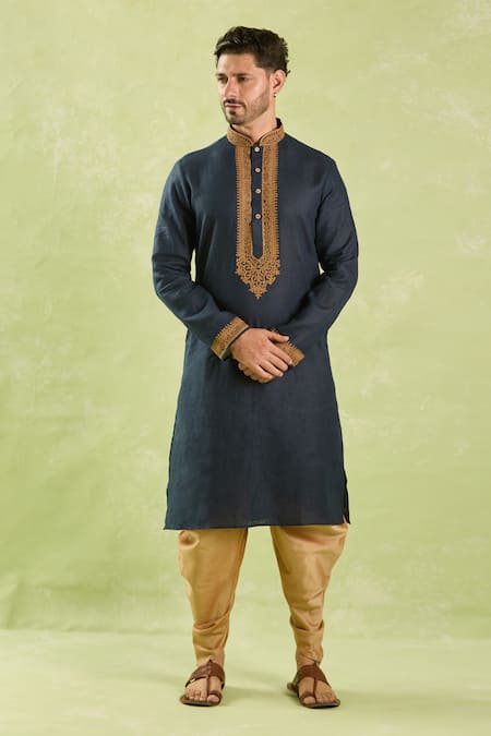 Arihant Rai Sinha Blue Linen, Cotton Embroidery Navy Kurta And Patiala Pant at Aza Fashions Arihant Rai Sinha_Blue Linen, Cotton Embroidery Navy Kurta And Patiala Pant _at_Aza_Fashions