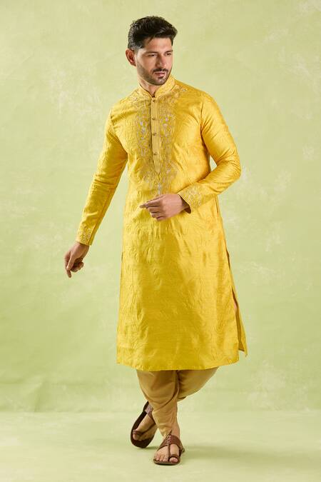 Arihant Rai Sinha Yellow Linen, Cotton Embroidery Thread Kurta And Patiala Pant Set Online at Aza Fashions Arihant Rai Sinha_Yellow Linen, Cotton Embroidery Thread Kurta And Patiala Pant Set _Online_at_Aza_Fashions