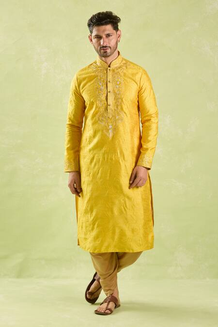 Shop Arihant Rai Sinha Yellow Linen, Cotton Embroidery Thread Kurta And Patiala Pant Set Online at Aza Fashions Shop_Arihant Rai Sinha_Yellow Linen, Cotton Embroidery Thread Kurta And Patiala Pant Set _Online_at_Aza_Fashions