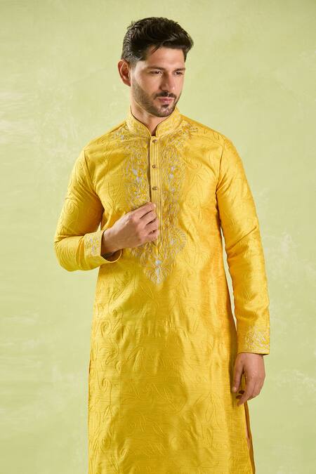 Arihant Rai Sinha Yellow Linen, Cotton Embroidery Thread Kurta And Patiala Pant Set at Aza Fashions Arihant Rai Sinha_Yellow Linen, Cotton Embroidery Thread Kurta And Patiala Pant Set _at_Aza_Fashions