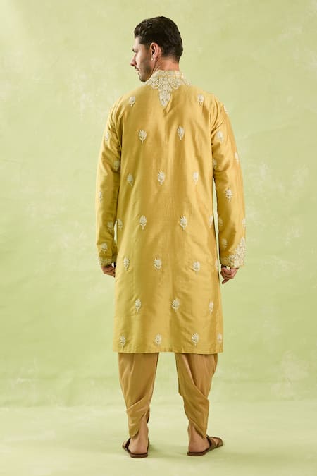 Shop_Arihant Rai Sinha_Yellow Silk Embroidery Floral Butta Kurta Set_at_Aza_Fashions