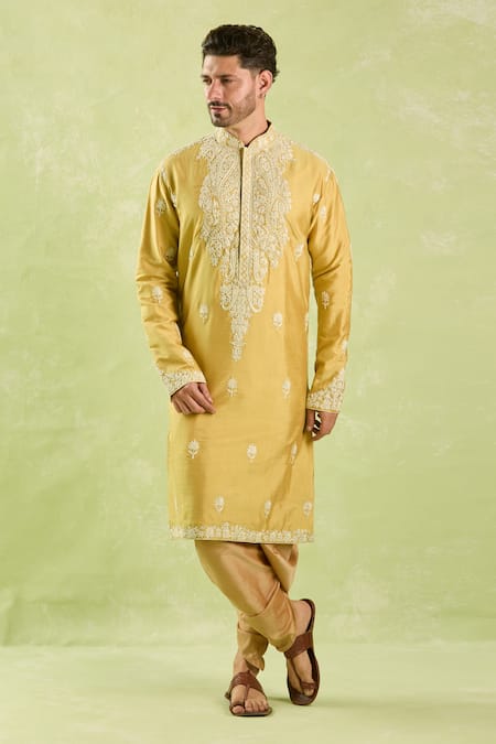 Arihant Rai Sinha_Yellow Silk Embroidery Floral Butta Kurta Set_Online_at_Aza_Fashions