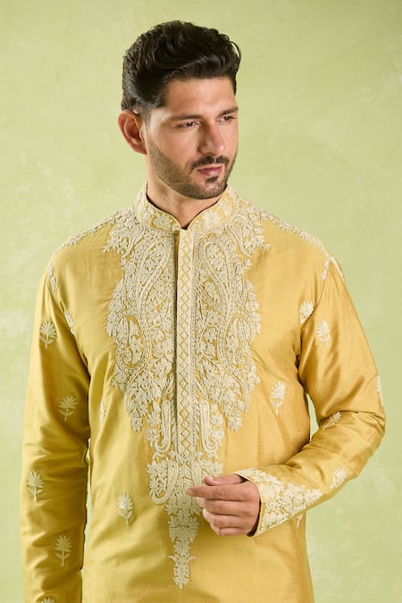 Buy_Arihant Rai Sinha_Yellow Silk Embroidery Floral Butta Kurta Set_Online_at_Aza_Fashions