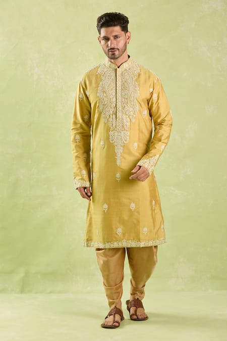 Shop_Arihant Rai Sinha_Yellow Silk Embroidery Floral Butta Kurta Set_Online_at_Aza_Fashions