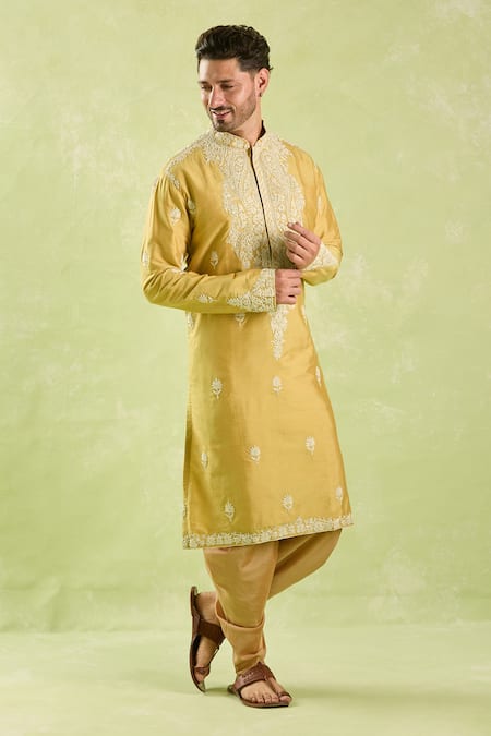 Arihant Rai Sinha_Yellow Silk Embroidery Floral Butta Kurta Set_at_Aza_Fashions