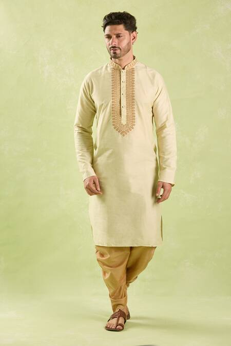 Shop_Arihant Rai Sinha_Beige Silk Embroidery Geometric Kurta Set _Online_at_Aza_Fashions