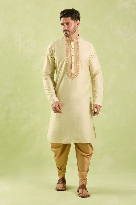 Arihant Rai Sinha_Beige Silk Embroidery Geometric Kurta Set _at_Aza_Fashions